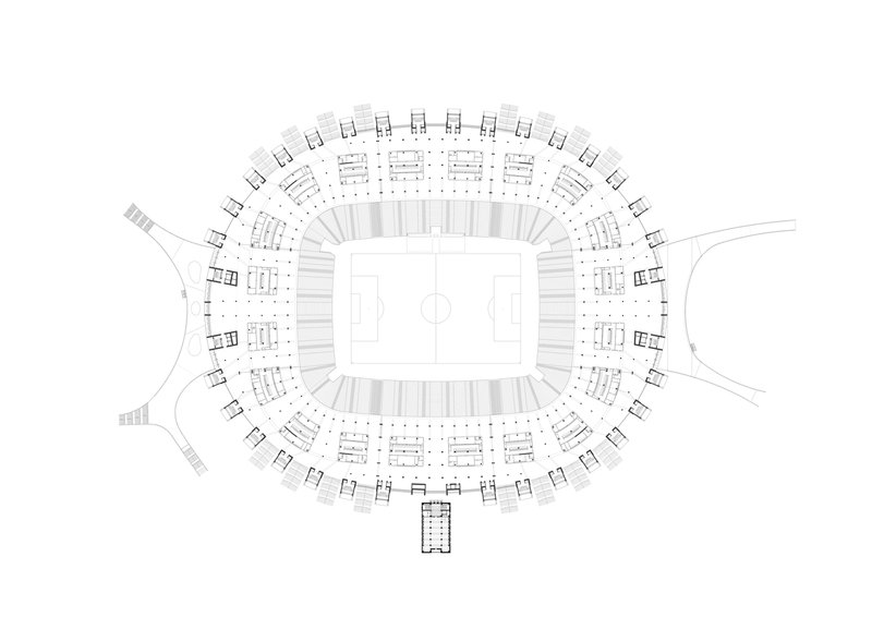 Floor plan of the stadium showing tiered seating rings around a central pitch
