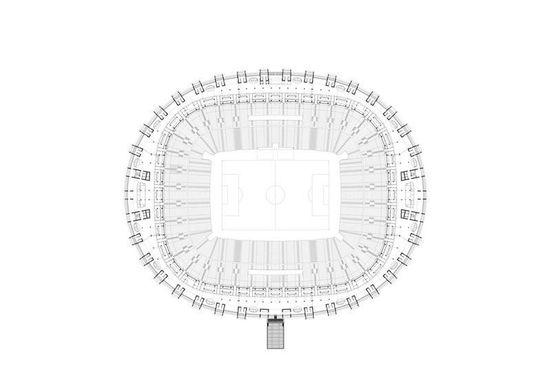 Plan view showing concourse level circulation with seating tiers radiating from the playing field