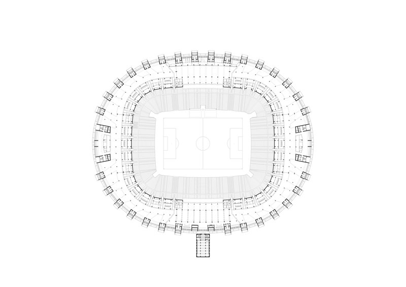 Plan drawing of an upper tier showing perimeter circulation and seating arrangement