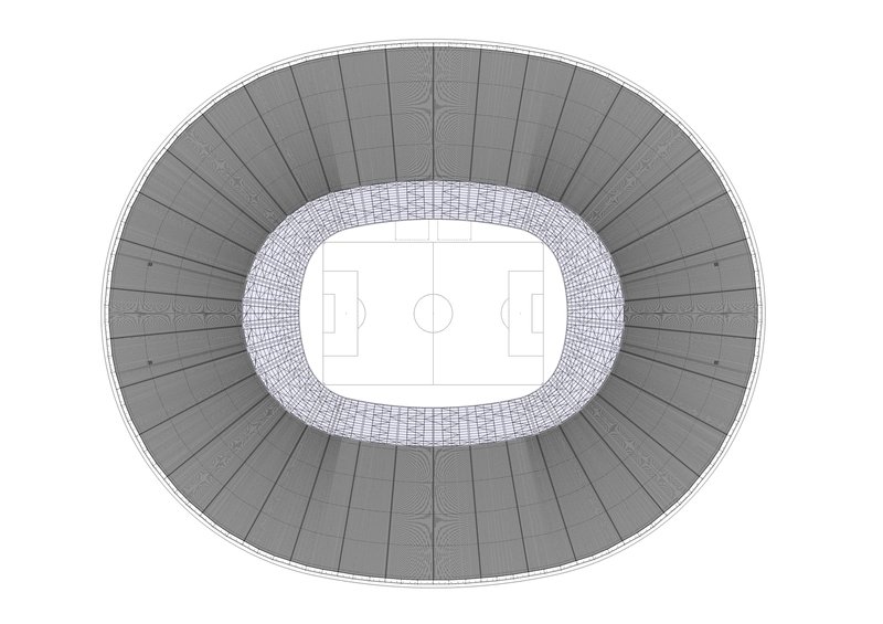 Roof plan drawing showing radial panel structure encircling the central transparent oval opening