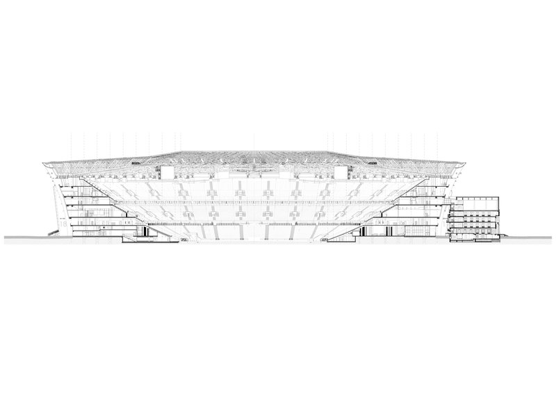 Section drawing through a stadium showing tiered seating, roof structure, and circulation ramps