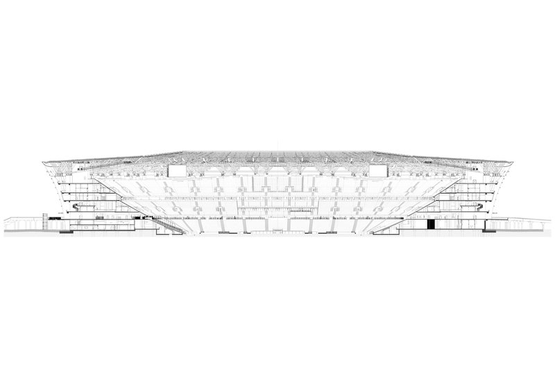 Section drawing revealing the bowl interior with seating tiers and lateral support structures