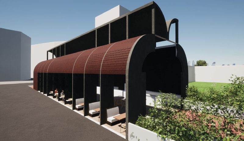 Vaulted brick volume defines Dark Brewed’s exterior, blending historic cafe language with contemporary urban form.