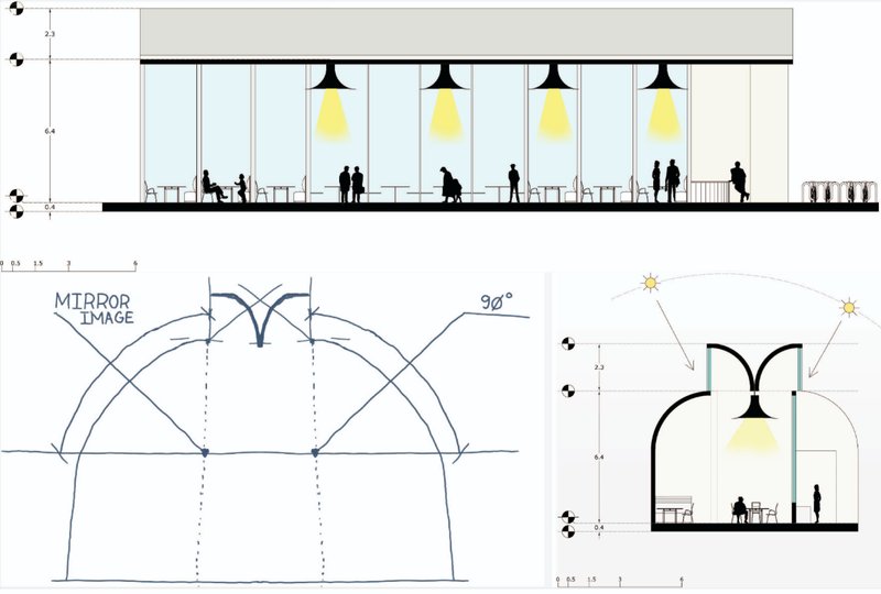 Elevation and section studies showing symmetry, lighting, and the arched spatial structure of the cafe.