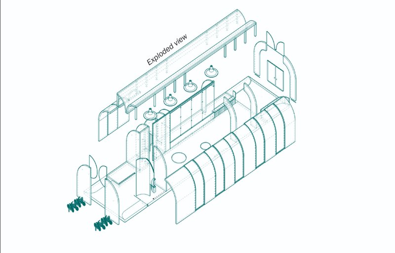 Exploded axonometric view revealing the layered vaults, service zones, seating areas, and facade elements.
