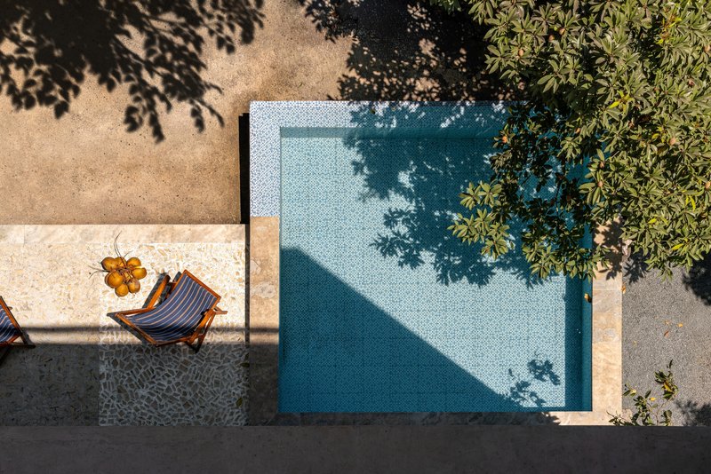 Aerial view of the rectangular pool with tree shadows cast across water and paving