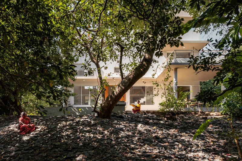 Two figures seated beneath a mature tree in a leaf-scattered courtyard before a white residential facade