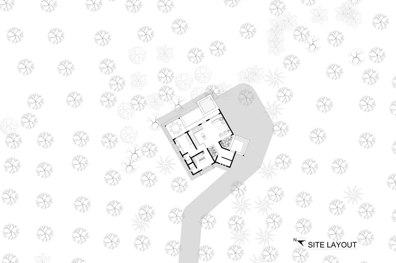 Site plan drawing depicting a residence with angled wings amid scattered tree canopy symbols and a driveway