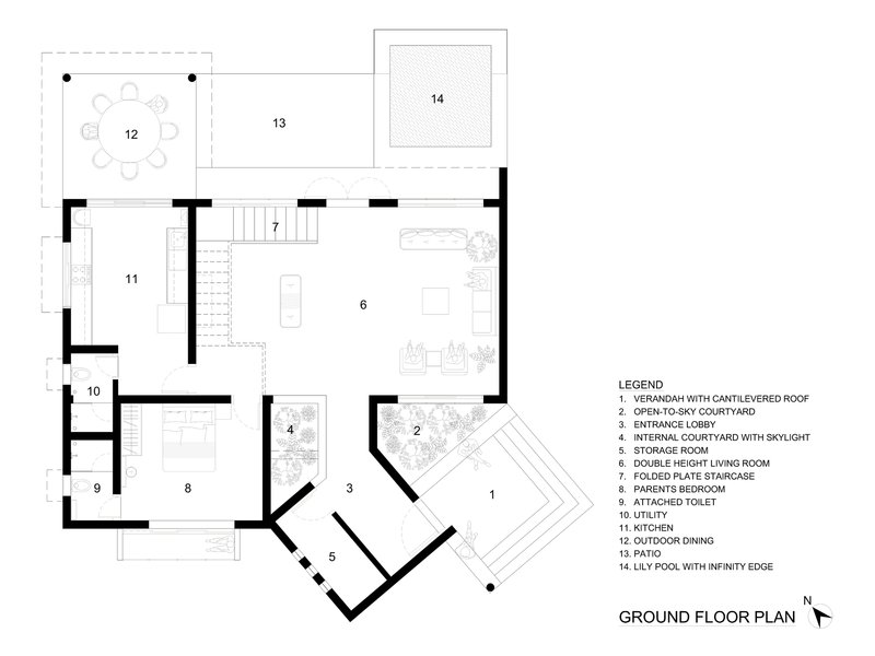 Ground floor plan drawing indicating rooms organized around courtyards with labeled spaces and a pool edge