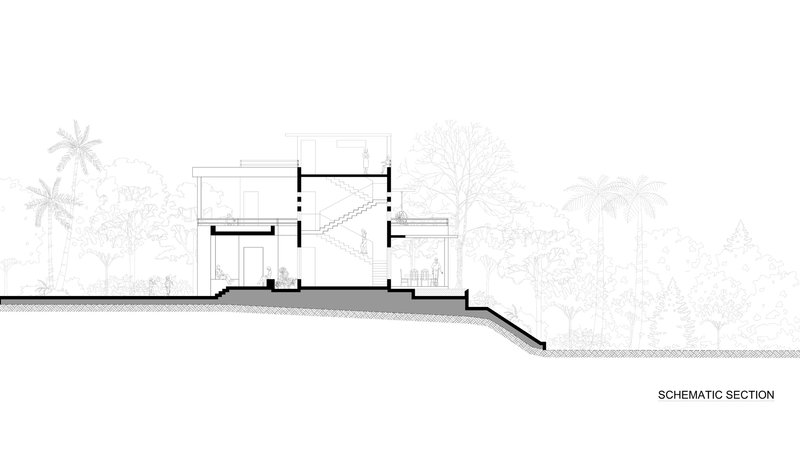Schematic section drawing illustrating the split-level house cutting into sloped terrain with surrounding trees