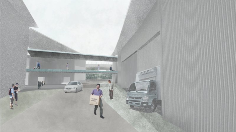 Service routes and logistics spaces support the building’s circular fashion ecosystem.