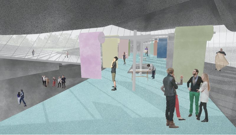 Hanging textiles create an interactive space for learning, repair, and material exchange.