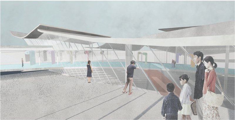 A transparent facade reveals the fashion hub’s public runway and material library.