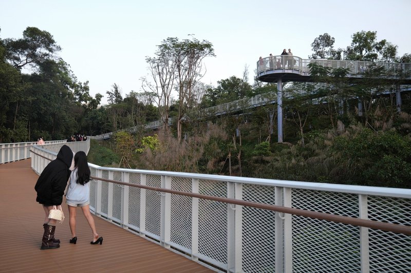 Metal-railed walkway with wood decking as two visitors look toward elevated viewing platform at dusk