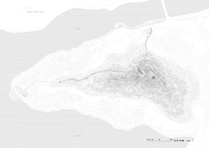 Site plan drawing showing the building footprint along a curved waterfront with topographic contours and pathways