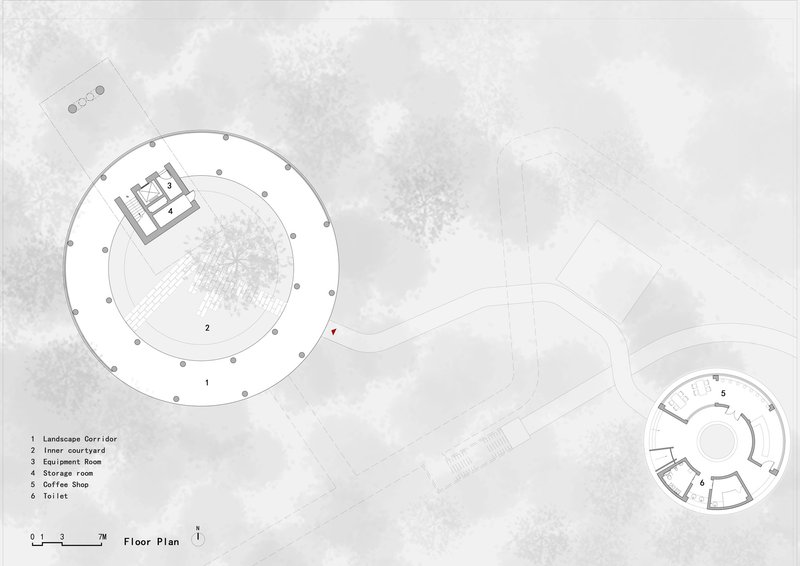 Floor plan drawing showing a circular structure with adjacent rectangular pavilion and surrounding landscape