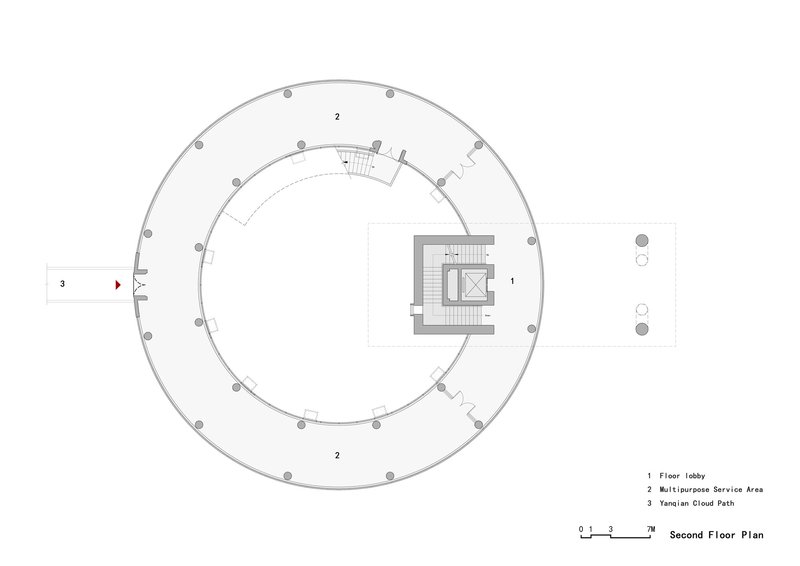 Second floor plan drawing depicting double-ring circulation around a central stair and lobby core