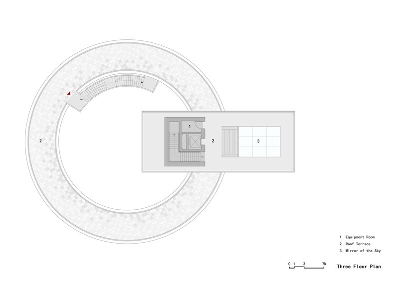 Third floor plan drawing showing rooftop terrace with equipment room and circular walkway below