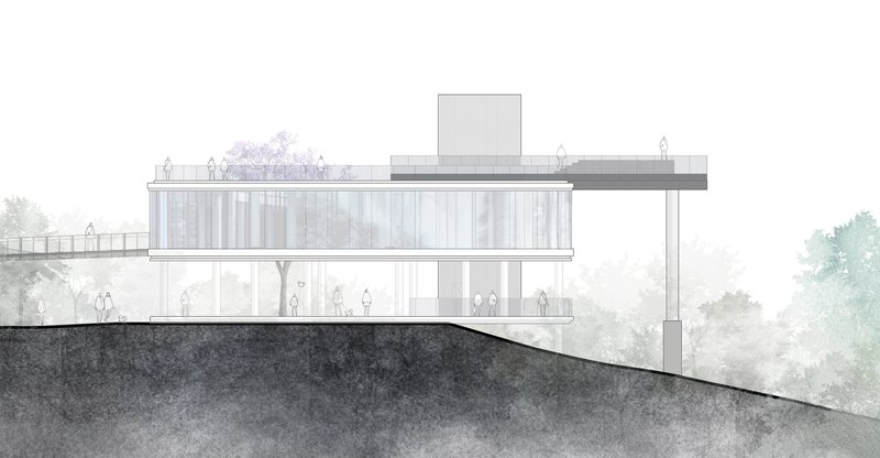 Section drawing showing glazed facades with rooftop figures and sloping terrain rendered in watercolor