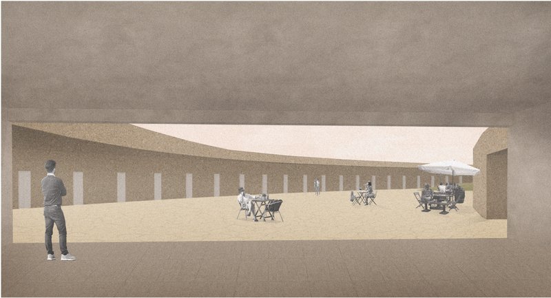 Shaded courtyard view showing the resort’s terraced interior, guest rooms, and open dining spaces within the winery complex.