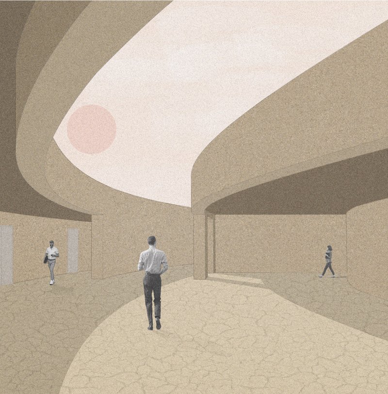 Curved passageway beneath the green terraces, framing soft light and pedestrian movement through the village