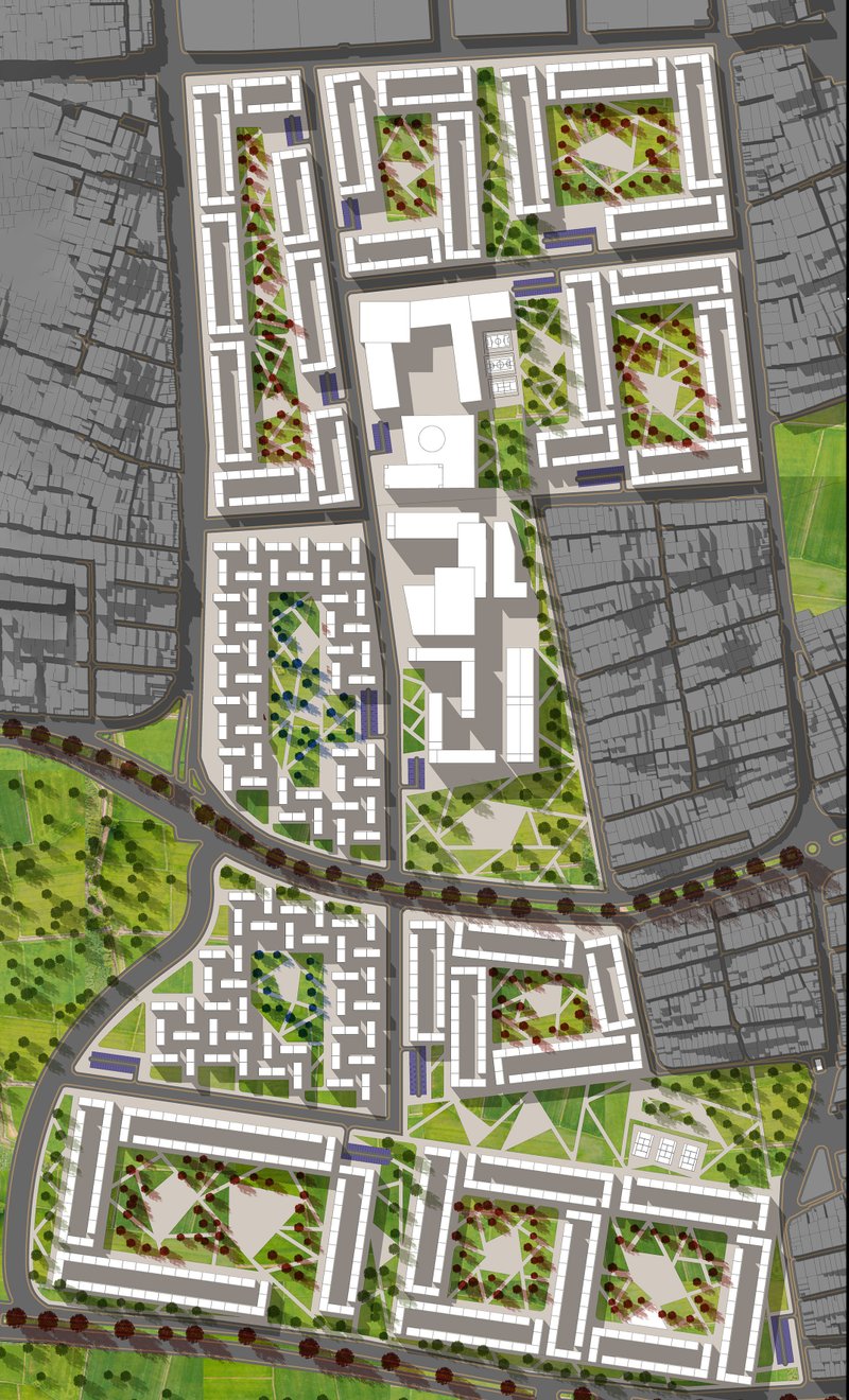 Urban masterplan integrates resilient housing blocks, landscaped courtyards, green corridors, and interconnected public spaces.