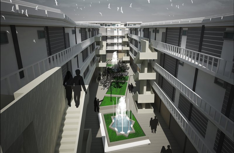 Communal courtyard framed by incremental housing, landscaped gardens, shared walkways, and social gathering spaces.