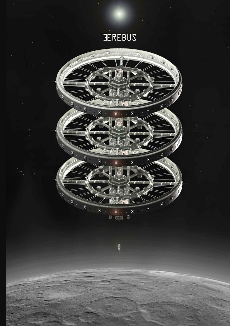 Erebus orbital station hovers above Ceres as a three-ring habitat for future asteroid-belt settlement.