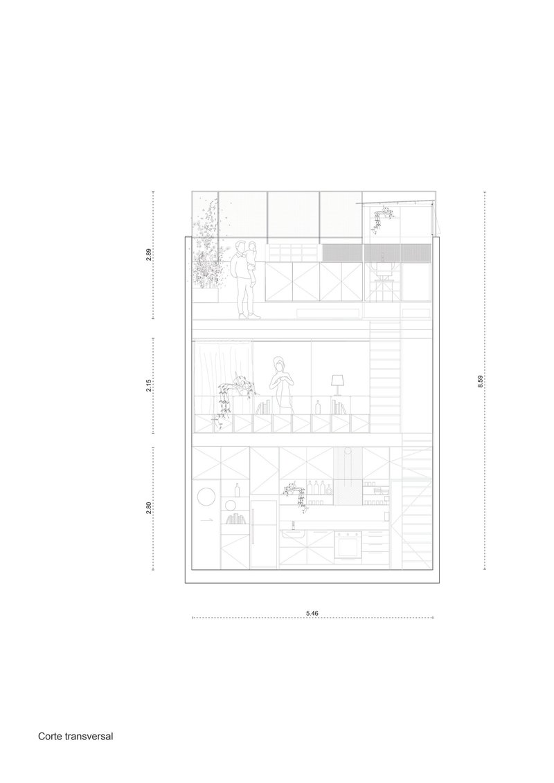 Transverse section drawing depicting three stacked levels with figures, furniture, and plants