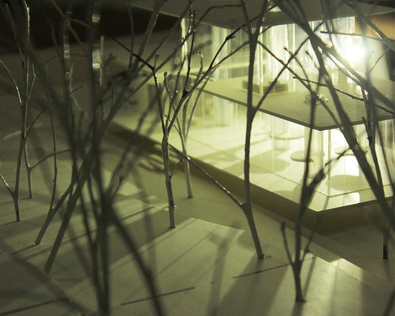 The transparent atelier appears through dense branches, reinforcing its immersive relationship with nature.