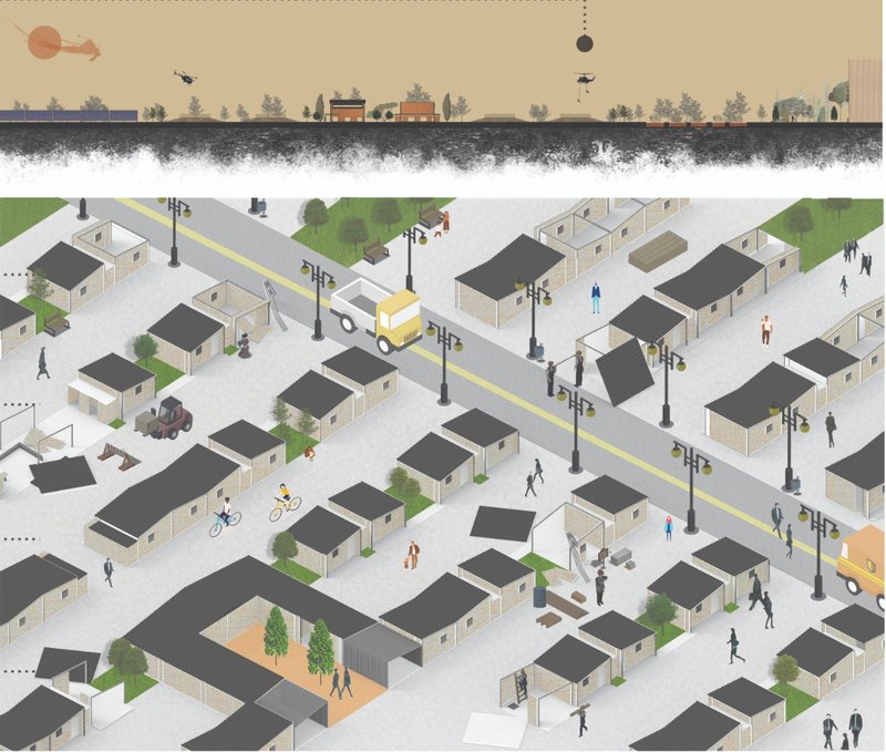 A temporary housing settlement illustrates how modular units, streets, services, and emergency logistics can support post-earthquake recovery.
