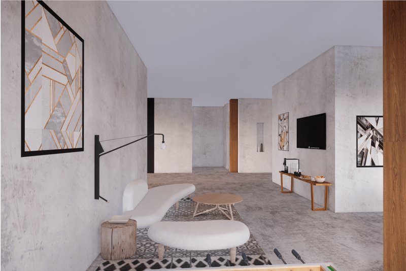 Soft furnishings and minimal partitions create a relaxed semi-private living environment.