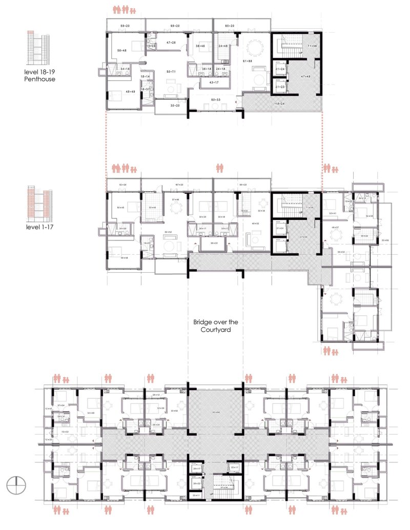 Residential floor plans showing unit layouts, courtyard bridges, circulation cores, and penthouse-level organization.