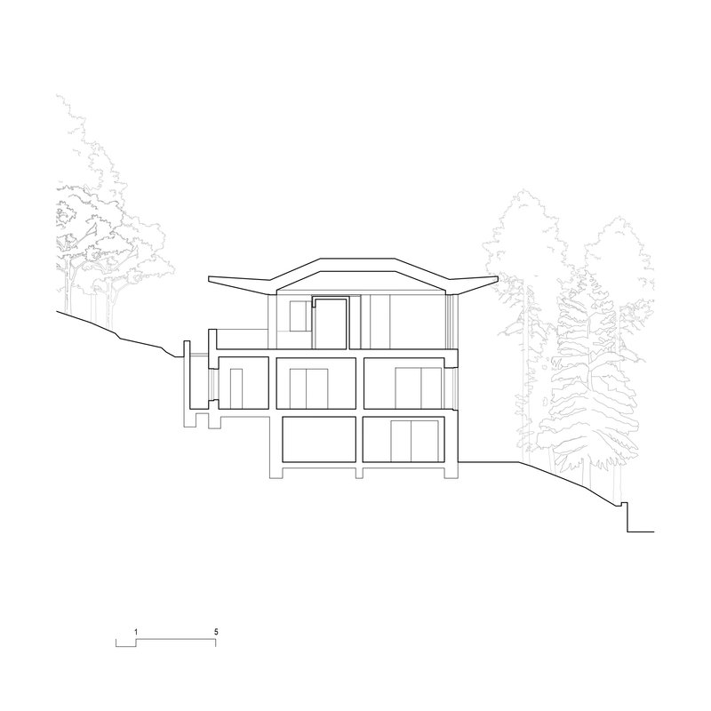Section drawing showing three-story structure with overhanging roof and flanking coniferous trees on sloped ground