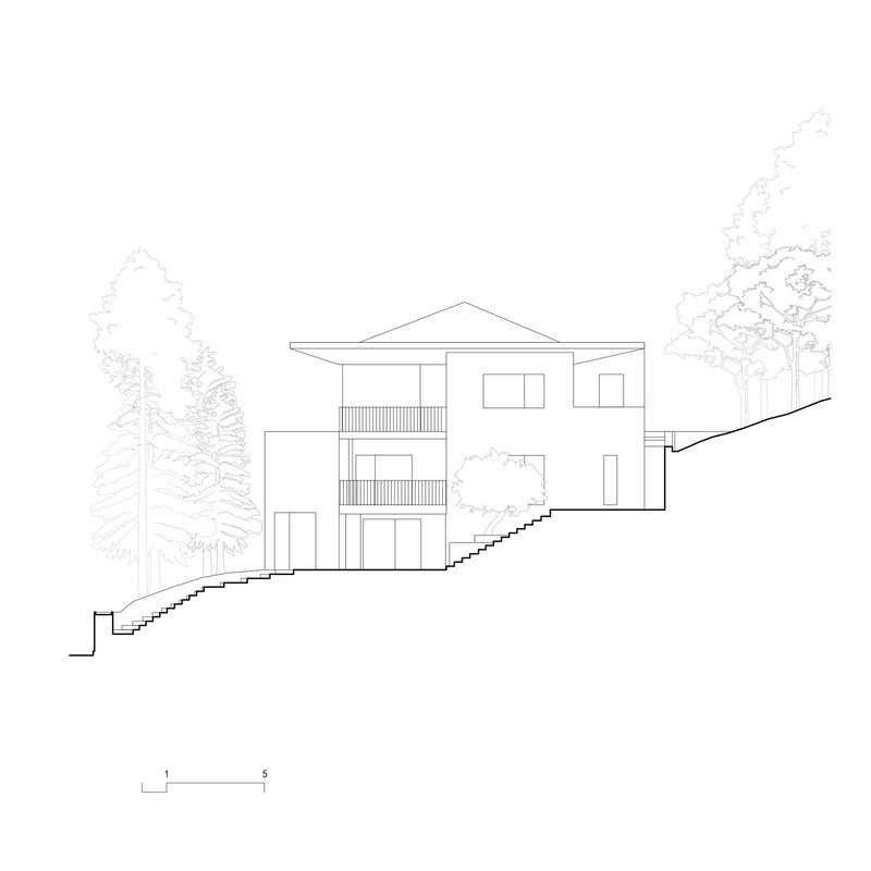 Section drawing showing a three-level residence with wide overhanging roof stepping down a sloped site with trees