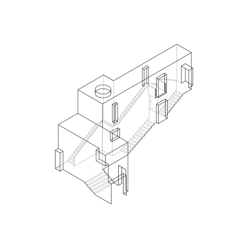 Axonometric drawing revealing multi-level interior spaces connected by staircases with a circular skylight above