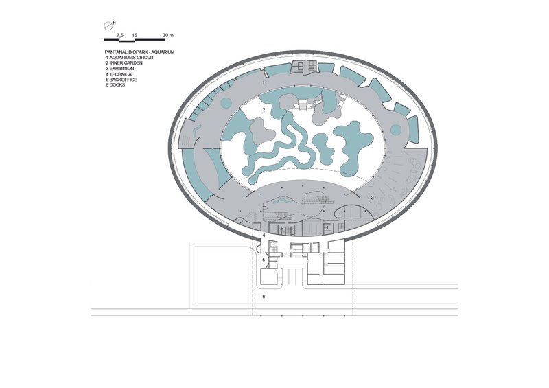 Floor plan drawing depicting an oval aquarium with curved water channels and visitor circulation paths in gray
