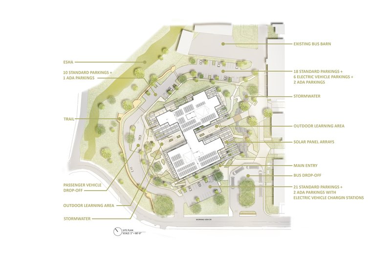 Site plan drawing showing curving access roads, parking areas, solar panel arrays, and outdoor learning spaces