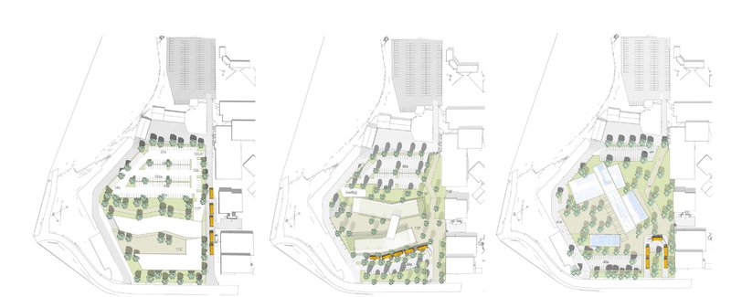 Three phased site plan drawings illustrating progressive landscape and parking development stages
