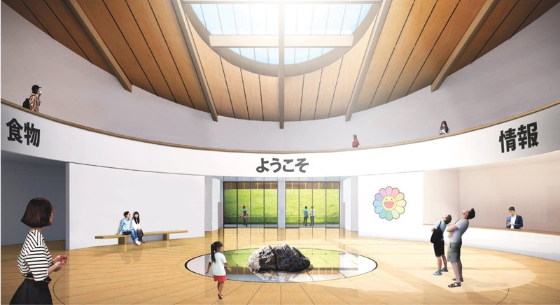 Circular entrance hall with skylight, central stone feature, reception, food area, and public gathering space.
