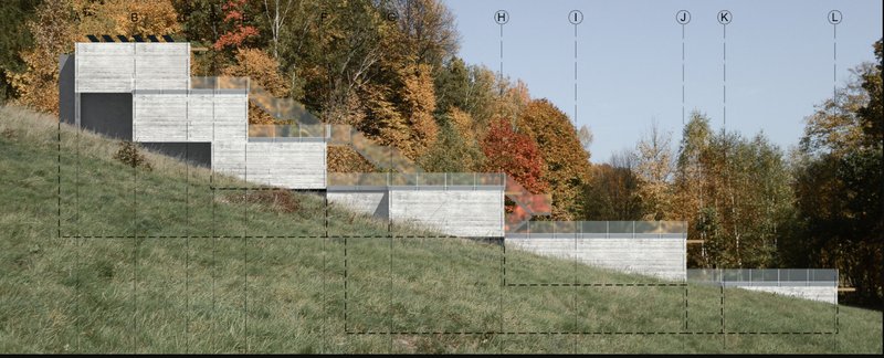 Architectural elevation overlays the stepped structure onto the hillside, showing its close adaptation to existing topography.