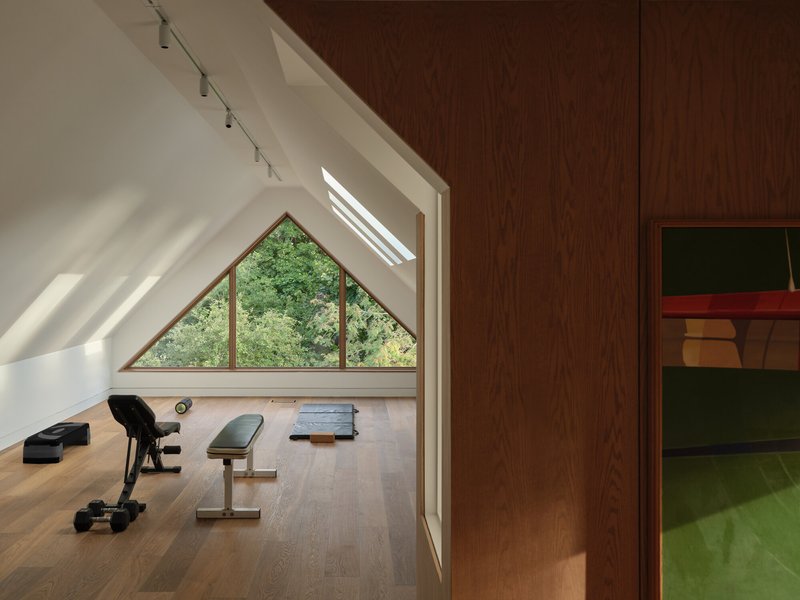 Attic exercise room with triangular window framing green foliage and skylights casting diagonal shadows