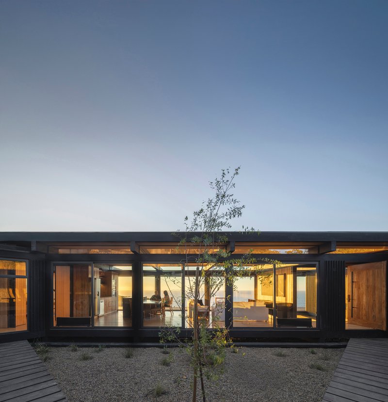 Glazed courtyard facade with steel frame and central tree surrounded by gravel at twilight