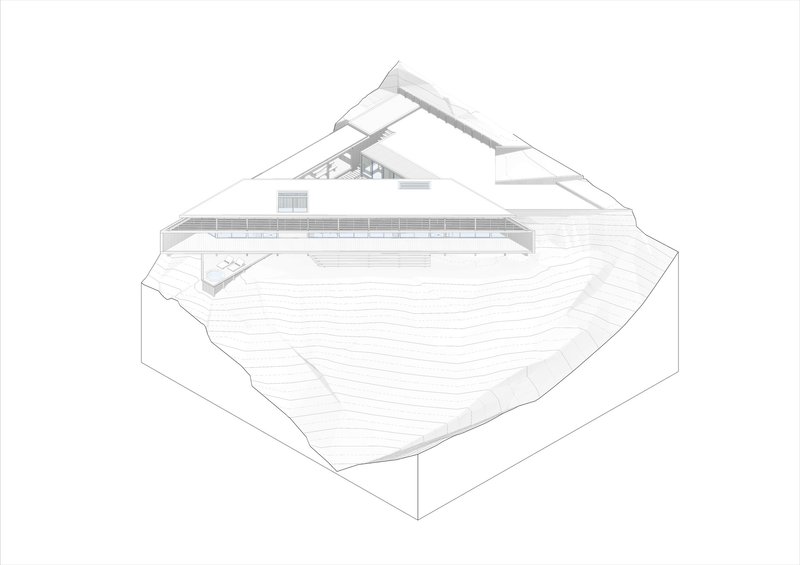 Axonometric drawing showing a linear structure with angled roof volumes set into a sloped site
