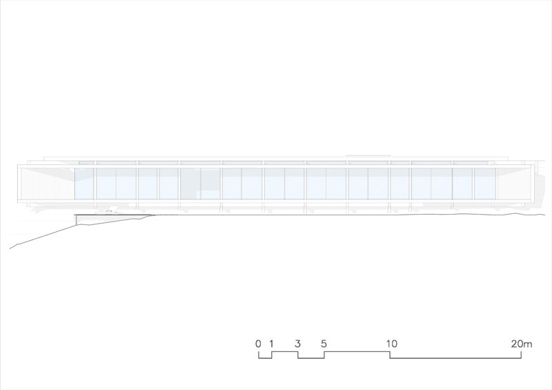Elevation drawing showing a horizontal volume with rhythmic vertical glazing along the slope