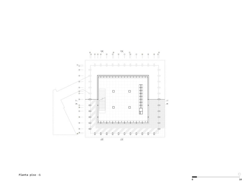 Floor plan drawing of a basement level with central stair, perimeter columns and structural grid