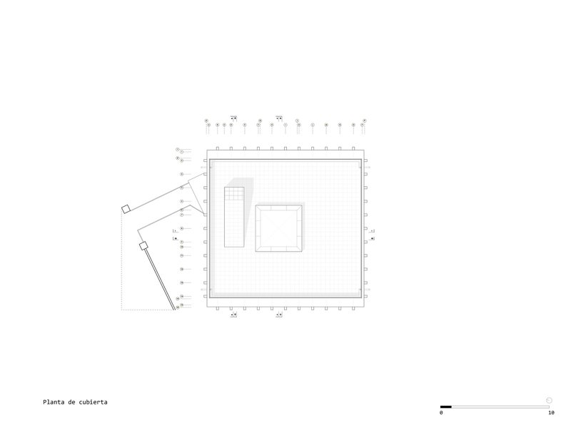 Roof plan drawing showing a flat expanse with two rooftop volumes and mechanical elements