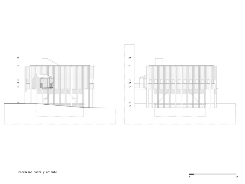 Elevation drawings showing the columned facade with vertical timber slats and openings