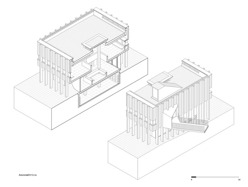 Axonometric drawing showing two pavilion structures with vertical slat walls and roof overhangs on platform bases