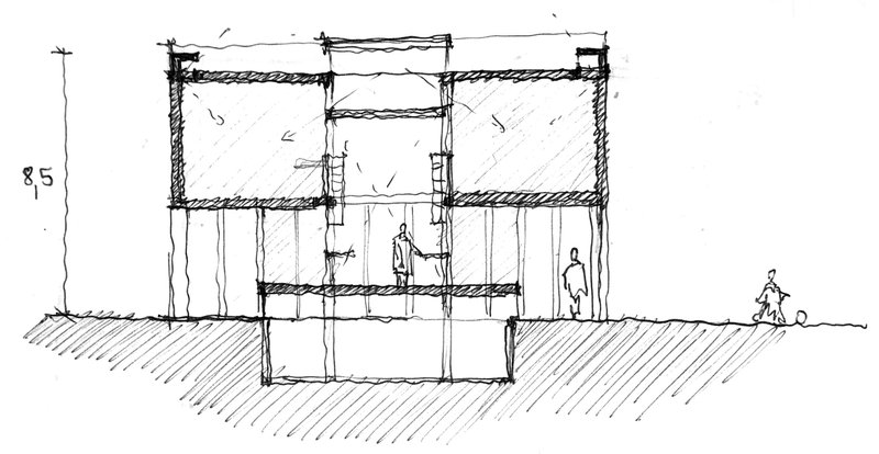 Section drawing showing a two-story structure with central courtyard and figures for scale